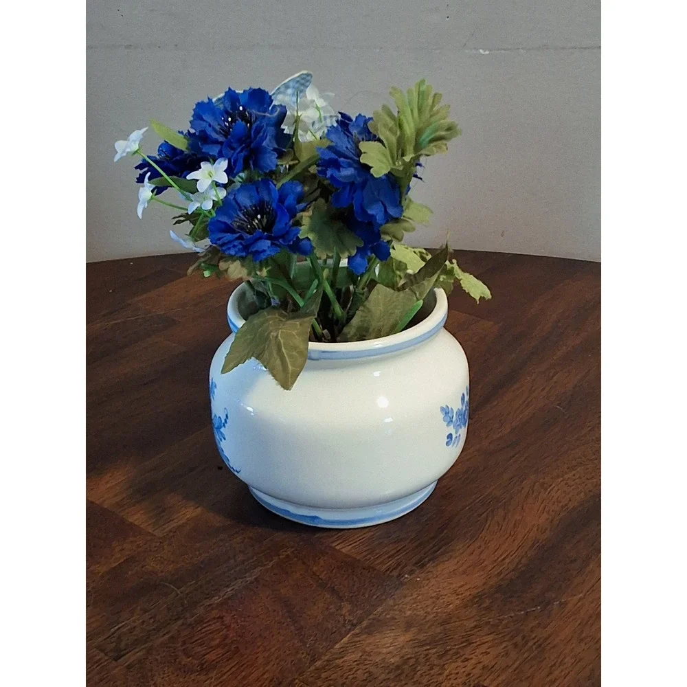 Vintage Blue and White Floral Ceramic Vase with Faux Cornflowers and Butterfly